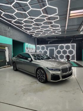 BMW 7 Series G12 with full ceramic window tint inside Diamond Window Tinting Chicago under signature LED lighting
