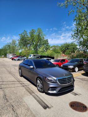 Matte gray Mercedes-Benz S-Class W222 with full ceramic window tint parked outside after service by Diamond Window Tinting Chicago